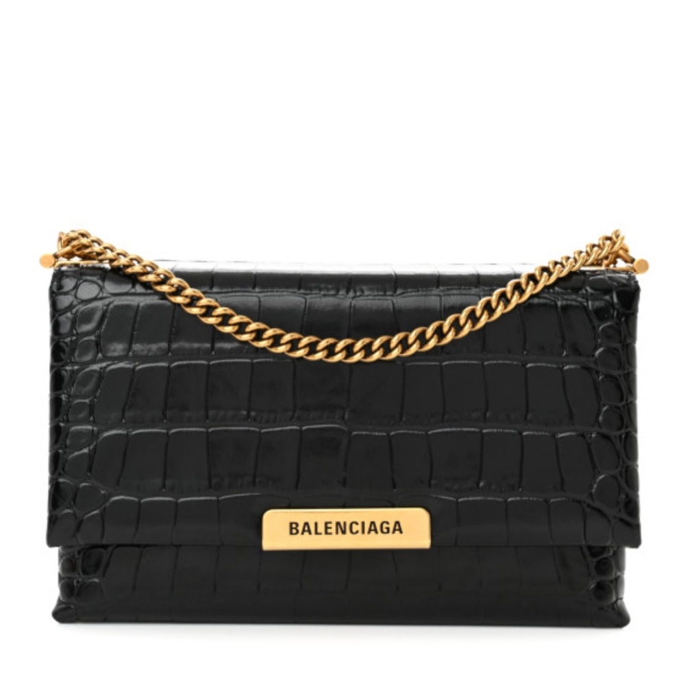 BALENCIAGA Shiny Extra Supple Calfskin Crocodile Embossed Small Triplet Bag Real